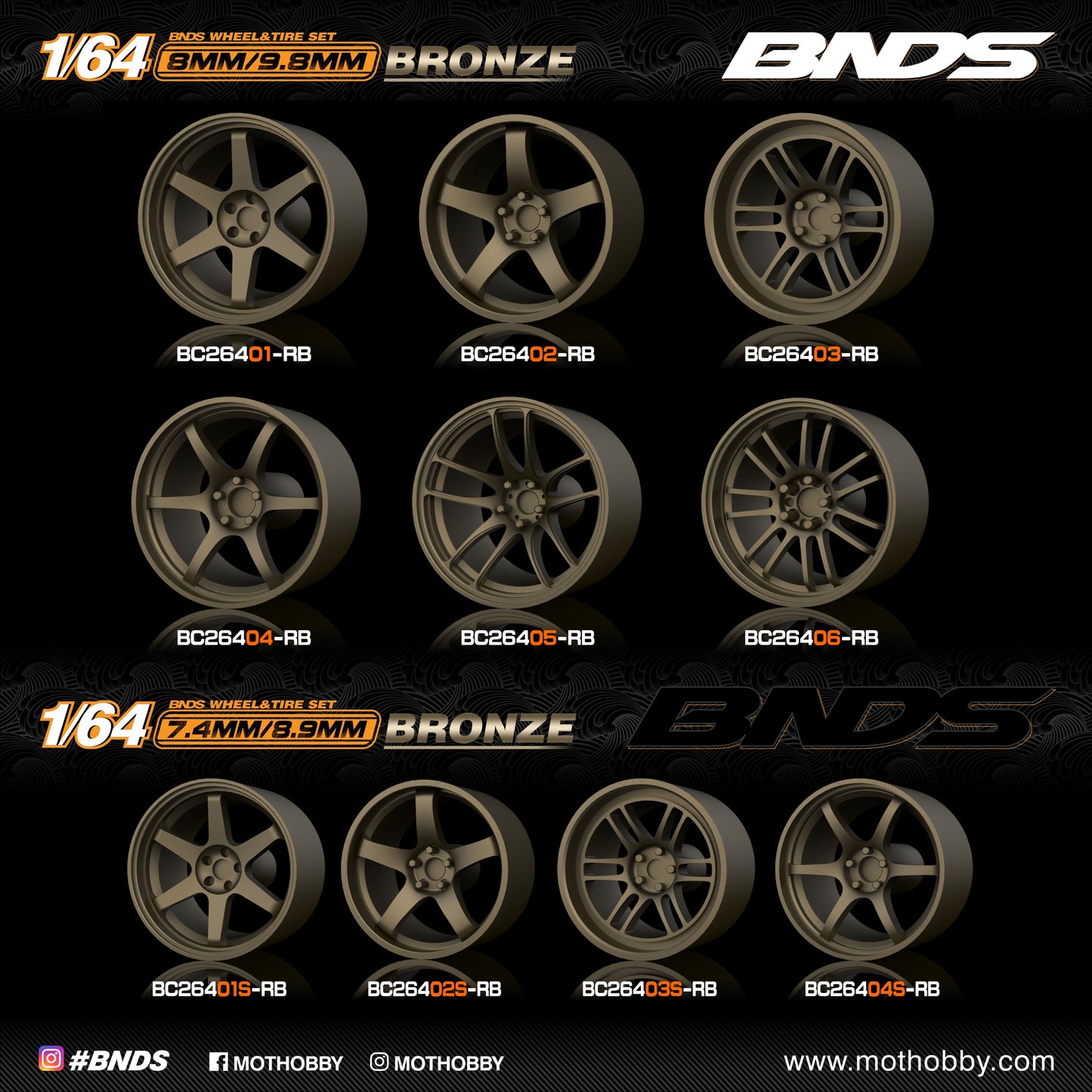 1/64 ABS Plastic Wheel & Tire Set - 8.9/9.8mm - BNDS