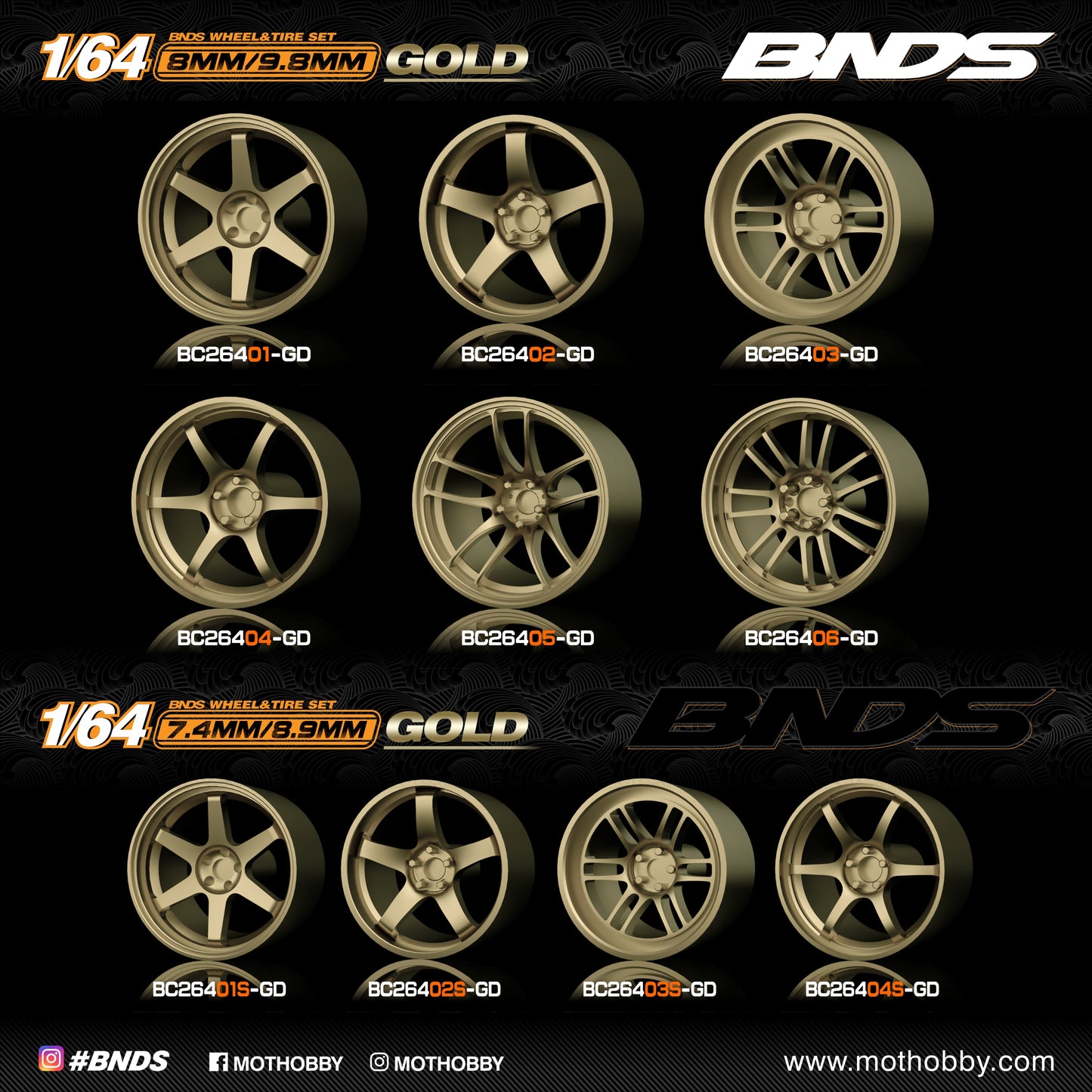 1/64 ABS Plastic Wheel & Tire Set - 8.9/9.8mm - BNDS