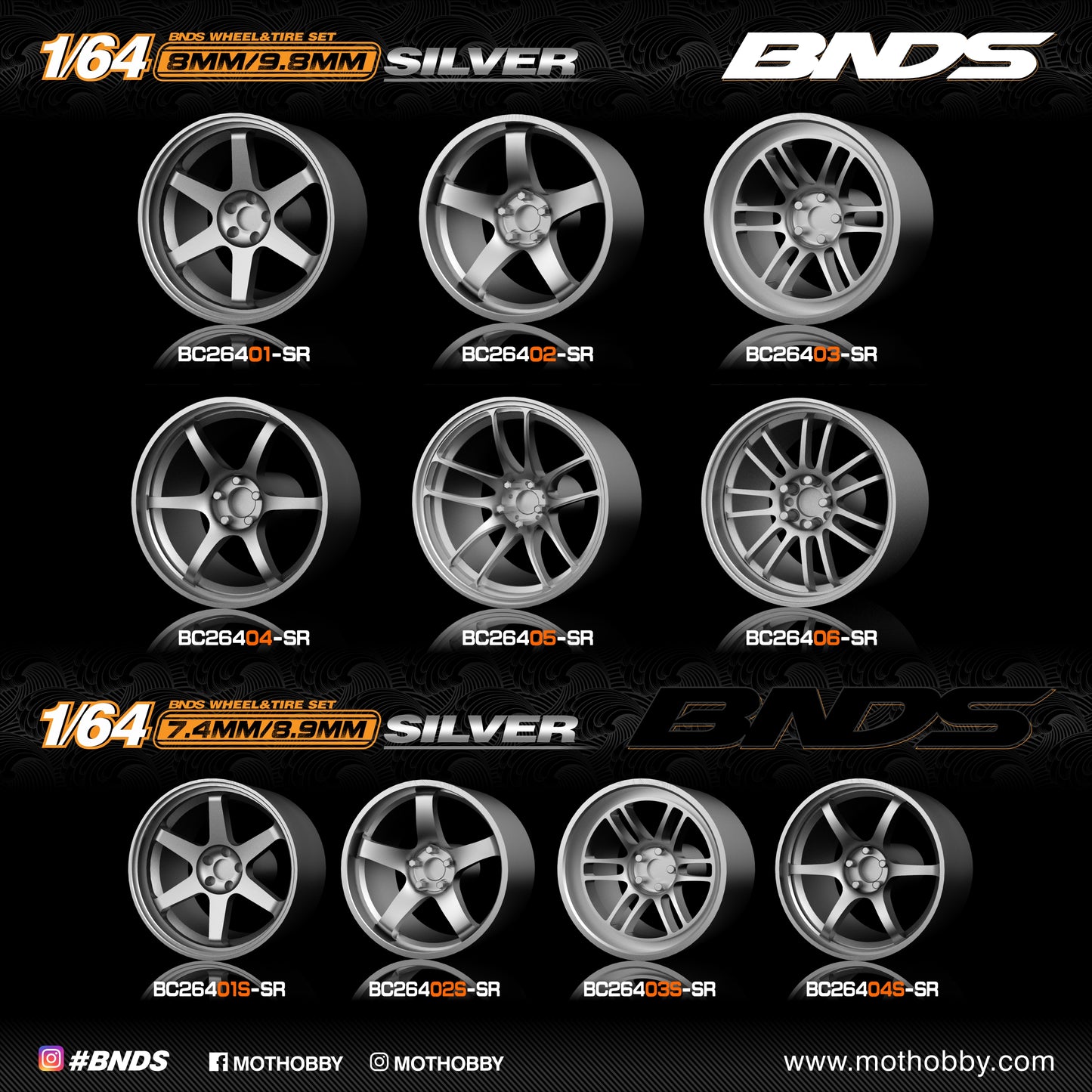 1/64 ABS Plastic Wheel & Tire Set - 8.9/9.8mm - BNDS