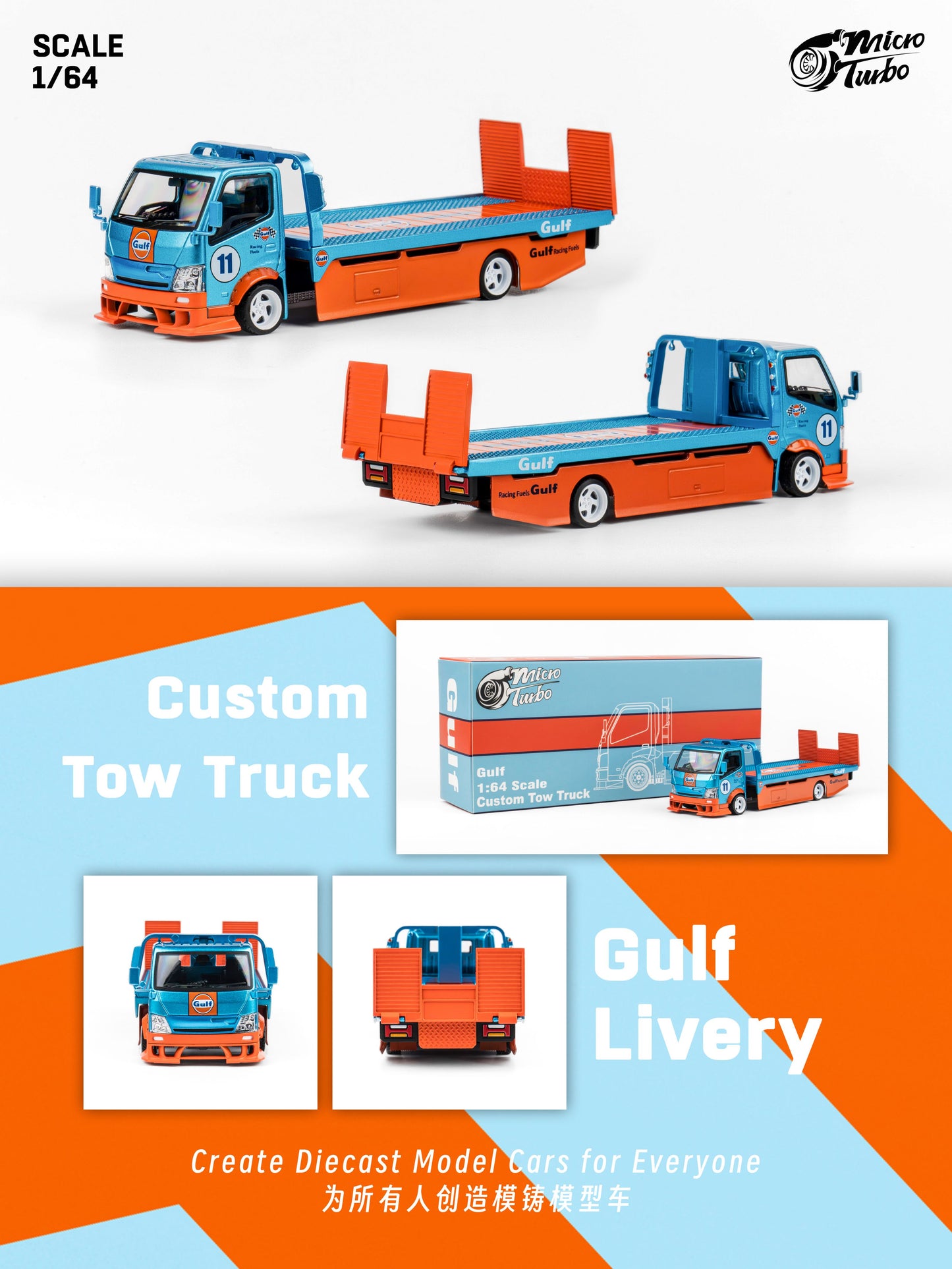 Microturbo 1/64 Custom Flatbed Tow Truck - Gulf Livery