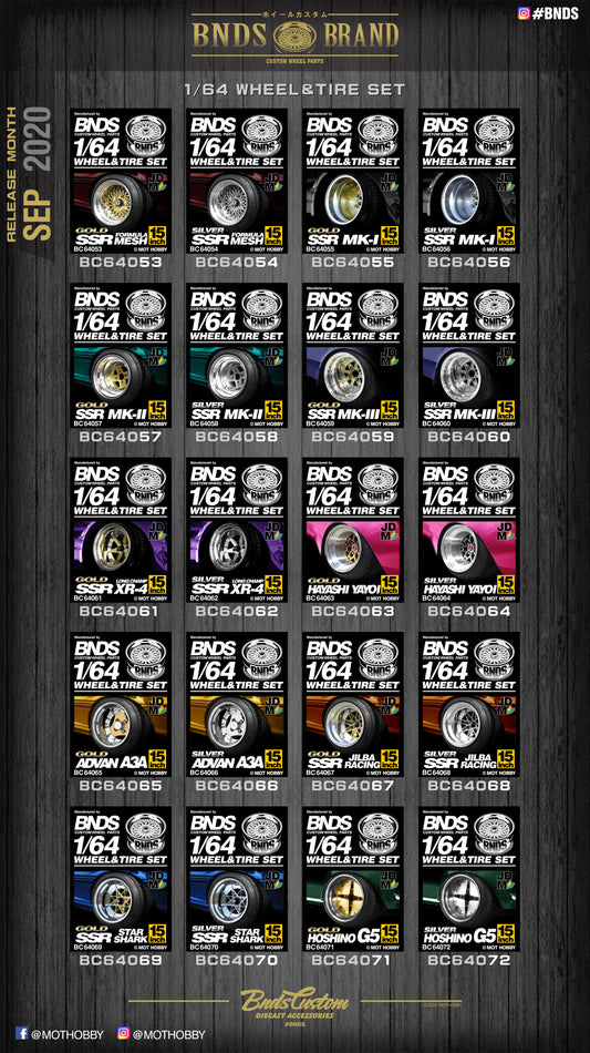 BNDS 1/64 Scale Alloy Wheel & Tire Set (8.3mm OD) - Vintage 15-Inch Look - Series BC64053 - BC64088