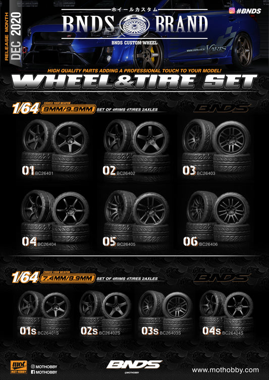 1/64 ABS Plastic Wheel & Tire Set - 8.9/9.8mm - BNDS